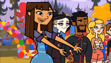 a group of cartoon characters are posing for a picture in front of balloons and trees