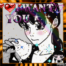 a picture of a girl with the words " i want you " on top