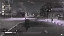 a screenshot of a video game shows a person walking down the street