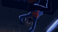a woman with pink hair is standing on a railing next to a man hanging from a ceiling