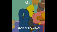 a cartoon of a lemon sitting at a desk with the words " me stop screaming "