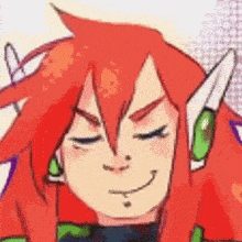 a close up of a cartoon character with red hair and green ears smiling .