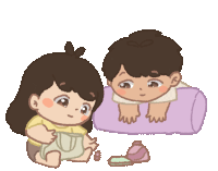 a boy and a girl are sitting next to each other on a purple pillow