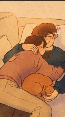 a drawing of a man hugging another man with a cat on a couch with a purple icon on the bottom right