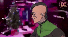 a cartoon of a man wearing glasses and a green jacket in front of a christmas tree .