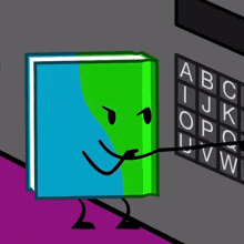 a book with a face and arms is standing in front of a board with the letters of the alphabet on it