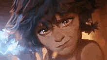 a close up of a cartoon character 's face with the words `` hi '' on it .