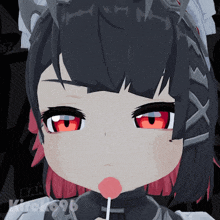 a girl with red eyes is holding a lollipop in her mouth and the word kick on the bottom left