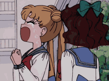 a girl with a green bow on her head is crying