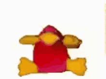 a stuffed animal with a red and yellow body is sitting on a white background .