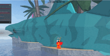 a screenshot of a video game shows a person standing in front of a giant shark