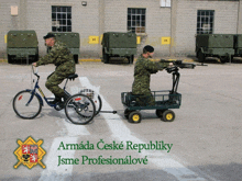 two soldiers are riding bicycles in a parking lot with the words armada czeche republiky jsme profesionalove below them