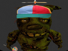 a cartoon character wearing a hat with a propeller on top of it