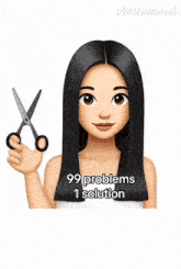 a woman with long black hair is holding a pair of scissors and says 99 problems 1 solution