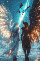 an angel and a demon are standing in the snow looking at a butterfly