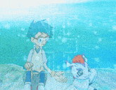 a cartoon of a boy and a rabbit with a cross on the background