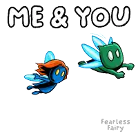 a cartoon of a blue fairy and a green fairy with the words me & you above them