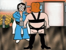 a cartoon shows a man in a blue suit and a woman in a black outfit