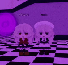 two anime girls are standing next to each other on a checkered floor with purple lights behind them .