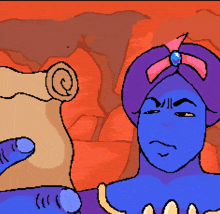 a cartoon drawing of a blue genie with a purple turban