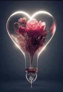 a heart shaped light bulb with a rose inside of it