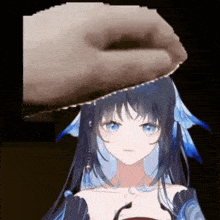 a girl with long hair and blue eyes has a donut on her head ..