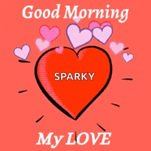 a red heart with sparky written on it is surrounded by pink hearts