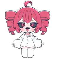 a drawing of a girl with pink hair and red eyes sticking her tongue out