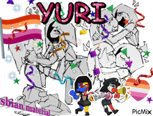 a drawing of a group of people with yuri written in pink