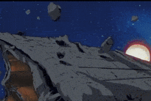 a drawing of a robot flying over a pile of rubble