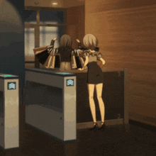 a woman is kneeling down in front of a turnstile with arrows pointing to the right