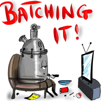 a cartoon drawing of a robot sitting in a chair with the words batching it above him