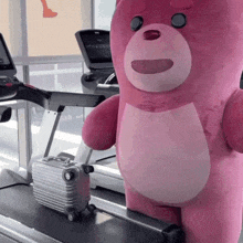 a pink teddy bear is standing on a treadmill with a suitcase