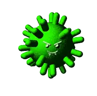 a green virus with an angry face on a white background