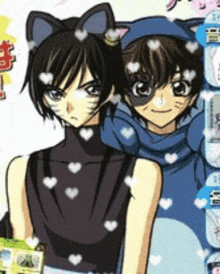 two anime characters are standing next to each other and one has cat ears on her head