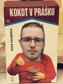 a box of kokot v prasku has a picture of a man with glasses