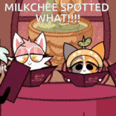 a cartoon of two cats reading books with the caption " milkchee spotted what !!! "