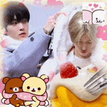 a couple of people standing next to a cake with strawberries and a fork