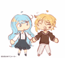a drawing of a boy and a girl holding hands with chinese writing