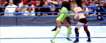 two women are wrestling in a ring with a crowd in the background .