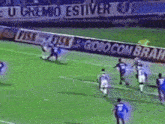 soccer players on a field with a banner that says ' u gremio estiver ' on it