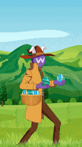 a cartoon of a man with bunny ears carrying an easter basket full of eggs
