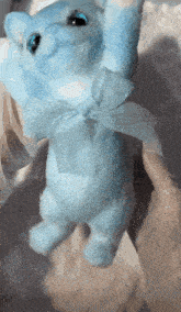 a blue stuffed animal with a bow is being held by a person