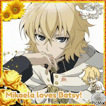 a picture of a blonde anime character with the words mikaela loves batsy