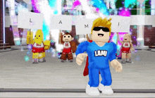a man in a blue shirt that says lami stands in front of a group of cheerleaders