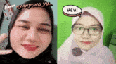 a woman wearing a hijab and glasses says hey