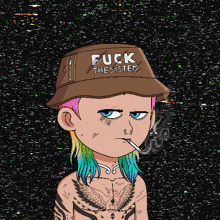 a cartoon character smoking a cigarette wearing a hat that says fuck the system