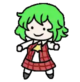 a pixel art drawing of a girl with green hair wearing a red plaid dress .