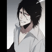 a black haired anime character with red eyes and a white shirt