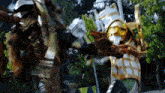 a blurred image of two robots fighting each other with trees in the background